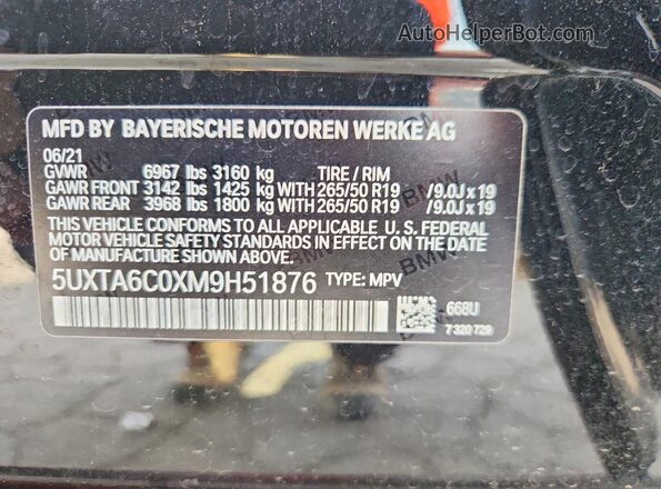 5UXTA6C0XM9H51876 2021 BMW X5 Black Vista de la etiqueta del VIN