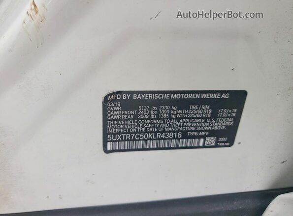 5UXTR7C50KLR43816 2019 BMW X3 White Vista de la etiqueta del VIN