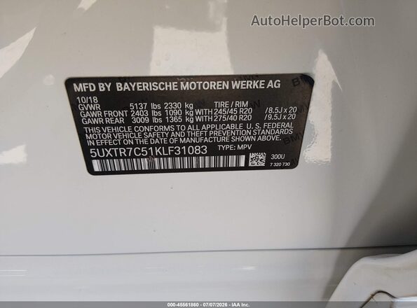 5UXTR7C51KLF31083 2019 BMW X3 White Widok komory silnika