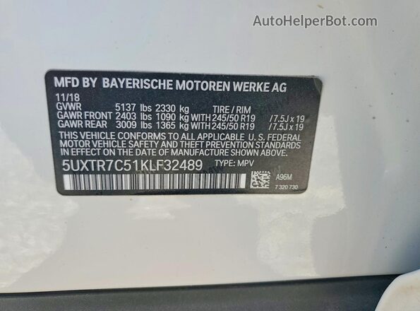 5UXTR7C51KLF32489 2019 BMW X3 White Вид наклейки з VIN-кодом