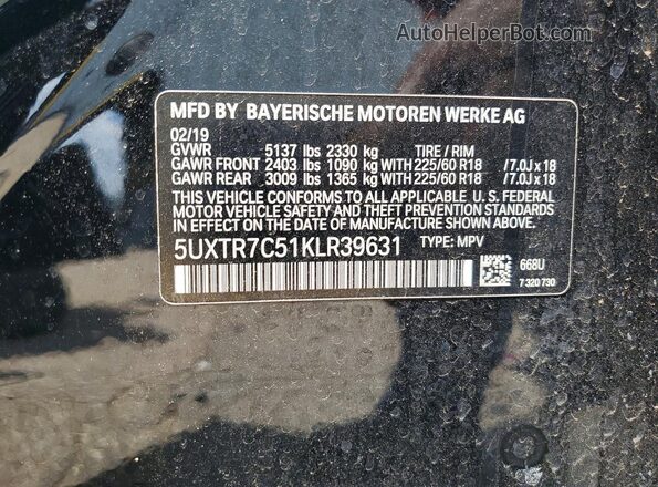 5UXTR7C51KLR39631 2019 BMW X3 Черный Вид наклейки с VIN-кодом
