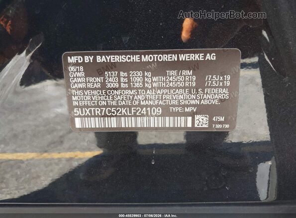 5UXTR7C52KLF24109 2019 BMW X3 Black ძრავის განყოფილების ხედი