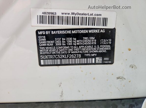 5UXTR7C52KLF26278 2019 BMW X3 Белый Панорамный вид салона 360°