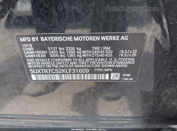 5UXTR7C52KLF31609 2019 BMW X3 Black Շարժիչի բաժամունքի տեսք