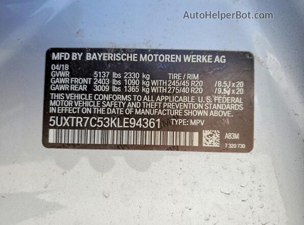 5UXTR7C53KLE94361 2019 BMW X3 Silver VIN კოდის სტიკერის ხედი