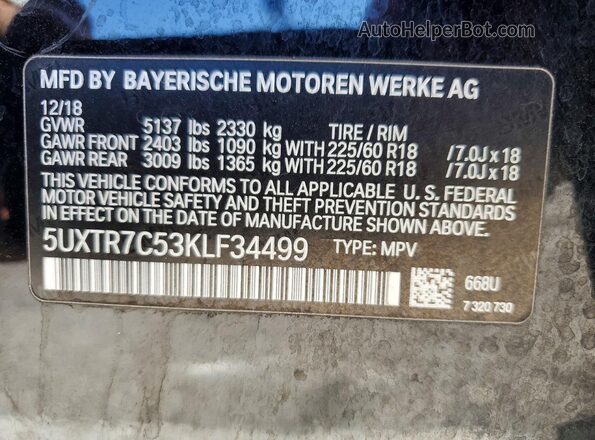 5UXTR7C53KLF34499 2019 BMW X3 Black Vista de la etiqueta del VIN