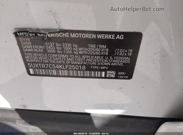 5UXTR7C54KLF25018 2019 BMW X3 White Vista del compartimento del motor