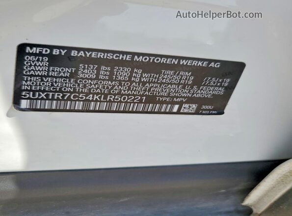 5UXTR7C54KLR50221 2019 BMW X3 Белый Панорамный вид салона 360°
