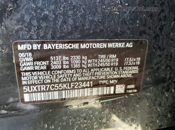 5UXTR7C55KLF23441 2019 BMW X3 Gray VIN კოდის სტიკერის ხედი