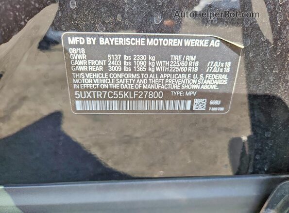 5UXTR7C55KLF27800 2019 BMW X3 Black VIN sticker view