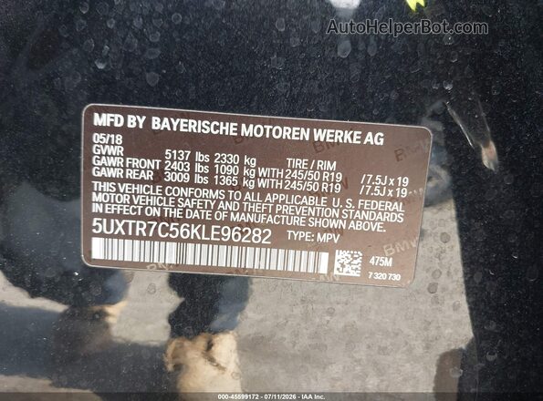 5UXTR7C56KLE96282 2019 BMW X3 Black Engine compartment view