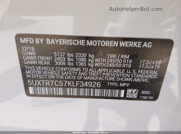 5UXTR7C57KLF34926 2019 BMW X3 White Widok komory silnika