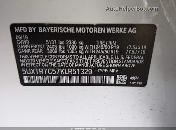 5UXTR7C57KLR51329 2019 BMW X3 White Շարժիչի բաժամունքի տեսք