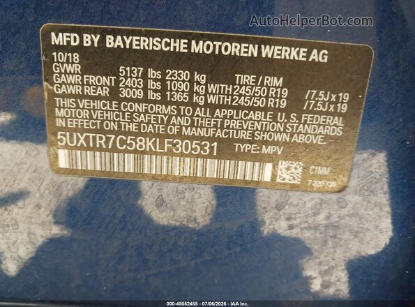5UXTR7C58KLF30531 2019 BMW X3 Blue Շարժիչի բաժամունքի տեսք