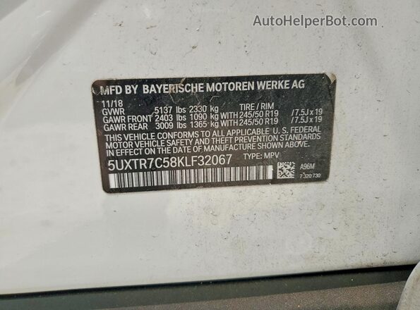 5UXTR7C58KLF32067 2019 BMW X3 White Vista de la etiqueta del VIN