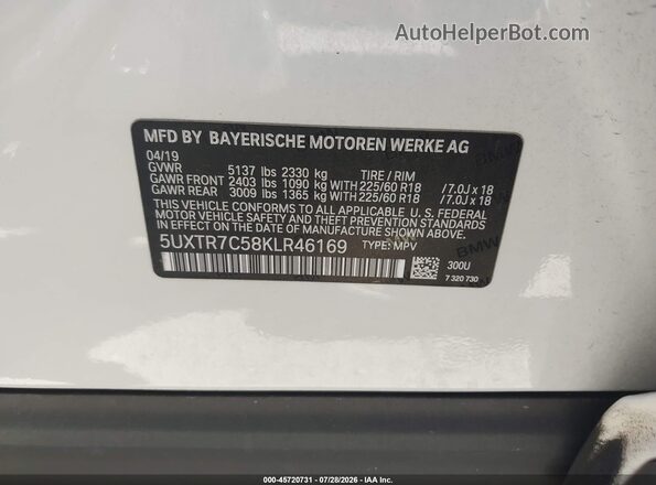 5UXTR7C58KLR46169 2019 BMW X3 White Engine compartment view