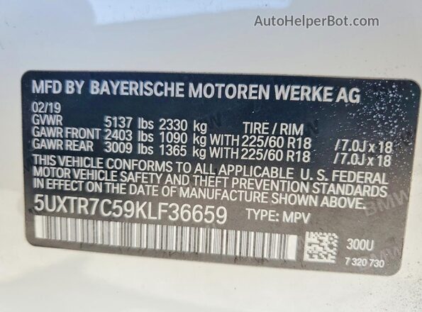 5UXTR7C59KLF36659 2019 BMW X3 White Vista de la etiqueta del VIN