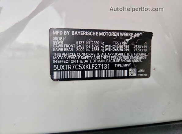 5UXTR7C5XKLF27131 2019 BMW X3 White Vista de la etiqueta del VIN
