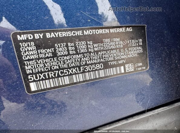 5UXTR7C5XKLF30580 2019 BMW X3 Blue ძრავის განყოფილების ხედი