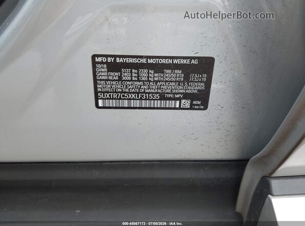 5UXTR7C5XKLF31535 2019 BMW X3 Silver Vista del compartimento del motor