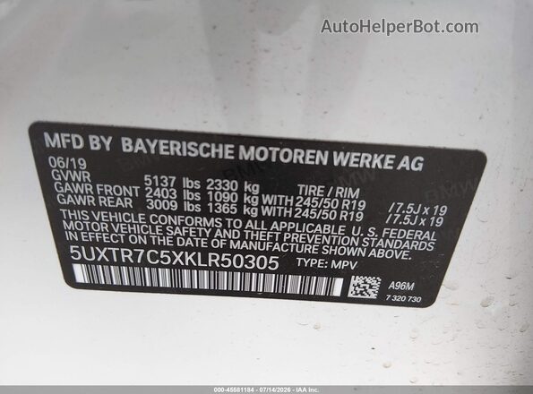 5UXTR7C5XKLR50305 2019 BMW X3 White Widok komory silnika