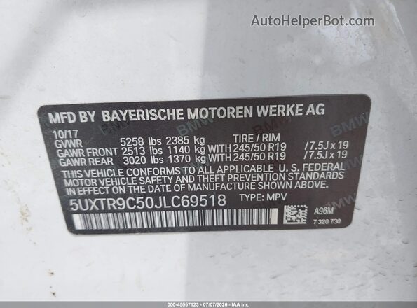 5UXTR9C50JLC69518 2018 BMW X3 White ძრავის განყოფილების ხედი