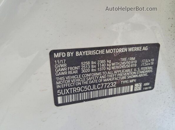 5UXTR9C50JLC77232 2018 BMW X3 White VIN կոդի պիտակի տեսք