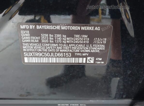 5UXTR9C50JLD66153 2018 BMW X3 Black Vista del compartimento del motor