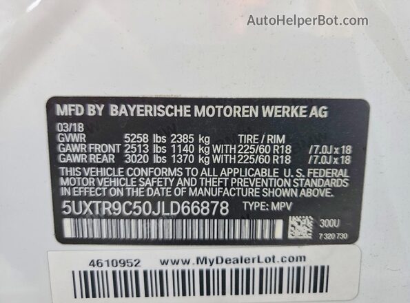 5UXTR9C50JLD66878 2018 BMW X3 White VIN კოდის სტიკერის ხედი