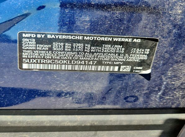 5UXTR9C50KLD94147 2019 BMW X3 Blue Vista de la etiqueta del VIN