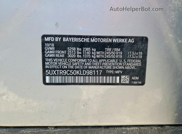 5UXTR9C50KLD98117 2019 BMW X3 Silver VIN კოდის სტიკერის ხედი