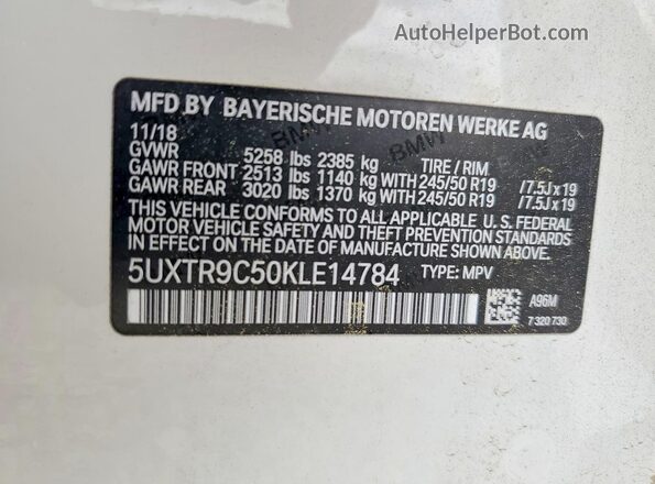 5UXTR9C50KLE14784 2019 BMW X3 White Widok naklejki z numerem VIN