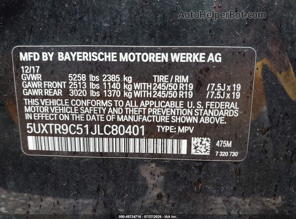 5UXTR9C51JLC80401 2018 BMW X3 Black Widok komory silnika