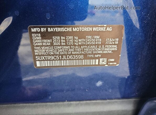 5UXTR9C51JLD63598 2018 BMW X3 Blue Widok naklejki z numerem VIN
