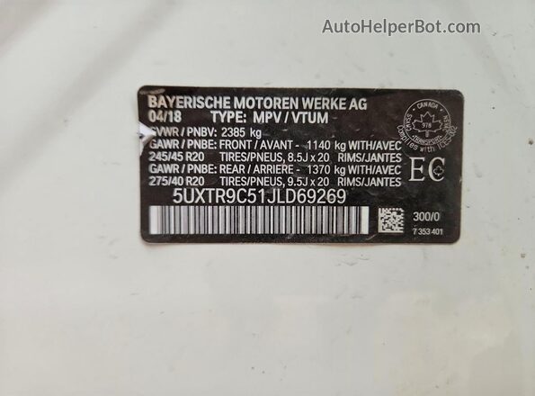 5UXTR9C51JLD69269 2018 BMW X3 White VIN sticker view