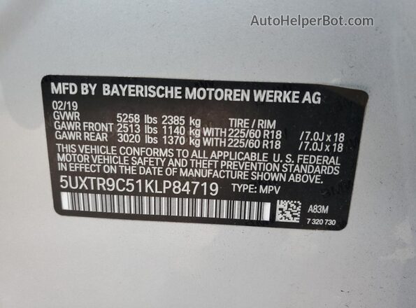5UXTR9C51KLP84719 2019 BMW X3 Silver VIN կոդի պիտակի տեսք