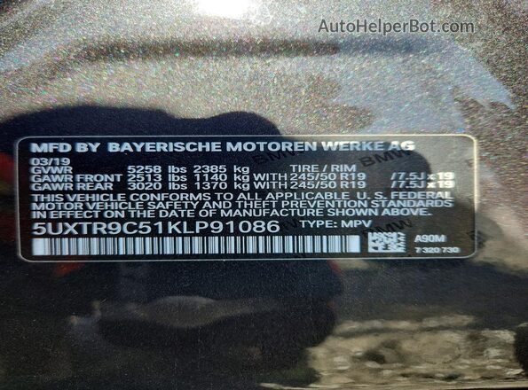 5UXTR9C51KLP91086 2019 BMW X3 Charcoal 360 interior view