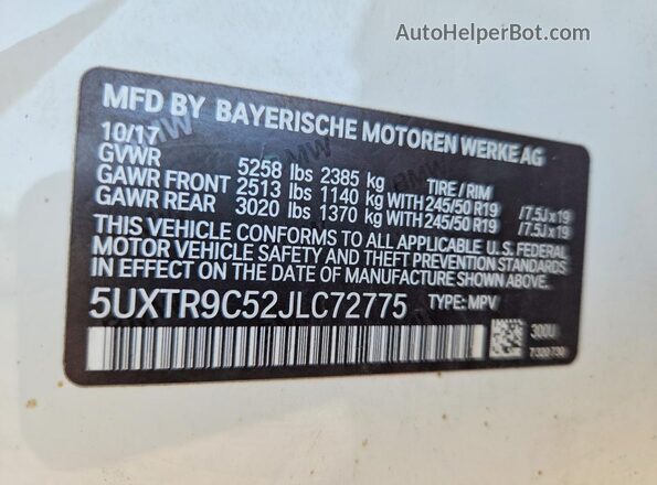 5UXTR9C52JLC72775 2018 BMW X3 White Вид наклейки з VIN-кодом