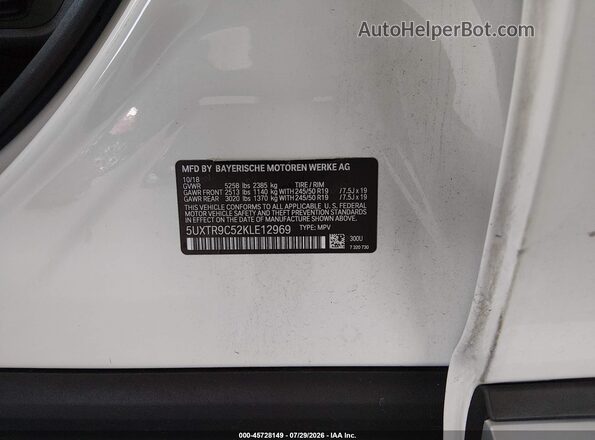 5UXTR9C52KLE12969 2019 BMW X3 White Widok komory silnika