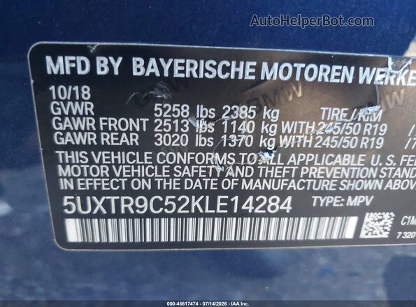 5UXTR9C52KLE14284 2019 BMW X3 Blue Vista del compartimento del motor