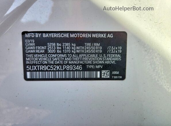 5UXTR9C52KLP89346 2019 BMW X3 White Vista de la etiqueta del VIN
