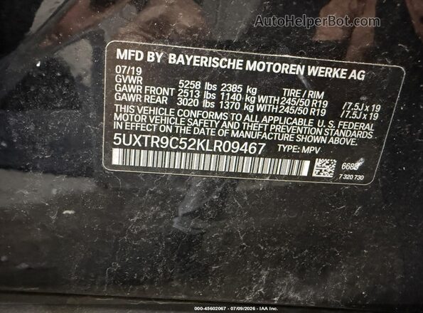 5UXTR9C52KLR09467 2019 BMW X3 Black Շարժիչի բաժամունքի տեսք