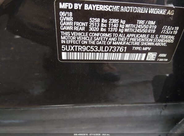 5UXTR9C53JLD73761 2018 BMW X3 Black Вид підкапотного простору