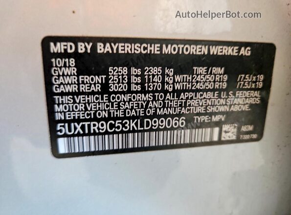 5UXTR9C53KLD99066 2019 BMW X3 Silver Vista de la etiqueta del VIN