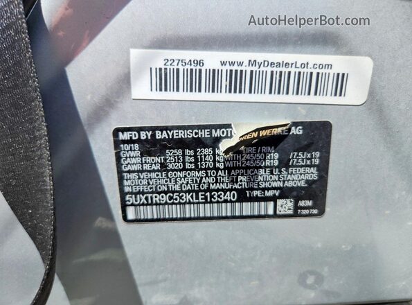 5UXTR9C53KLE13340 2019 BMW X3 Silver Vista de la etiqueta del VIN