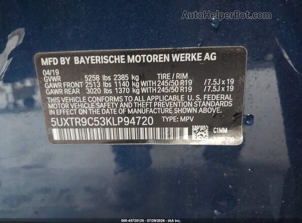 5UXTR9C53KLP94720 2019 BMW X3 Синий Вид подкапотного пространства