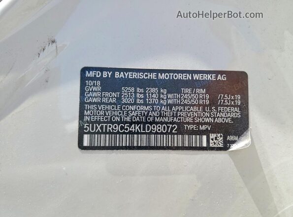 5UXTR9C54KLD98072 2019 BMW X3 White Vista interior de 360 grados