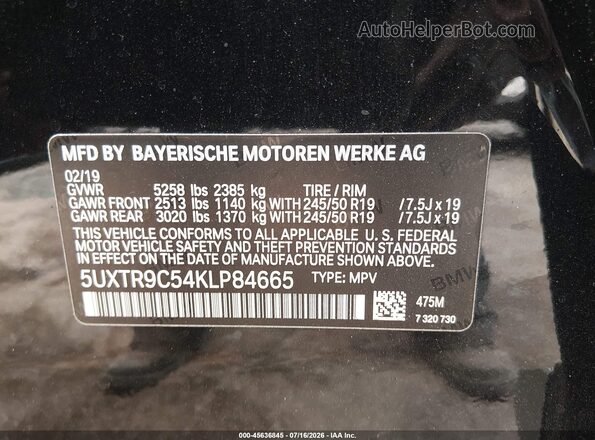 5UXTR9C54KLP84665 2019 BMW X3 Black Շարժիչի բաժամունքի տեսք