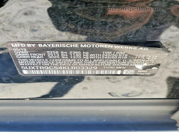 5UXTR9C54KLR03329 2019 BMW X3 Black Vista de la etiqueta del VIN