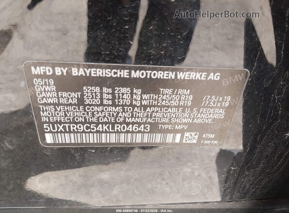 5UXTR9C54KLR04643 2019 BMW X3 Black Շարժիչի բաժամունքի տեսք
